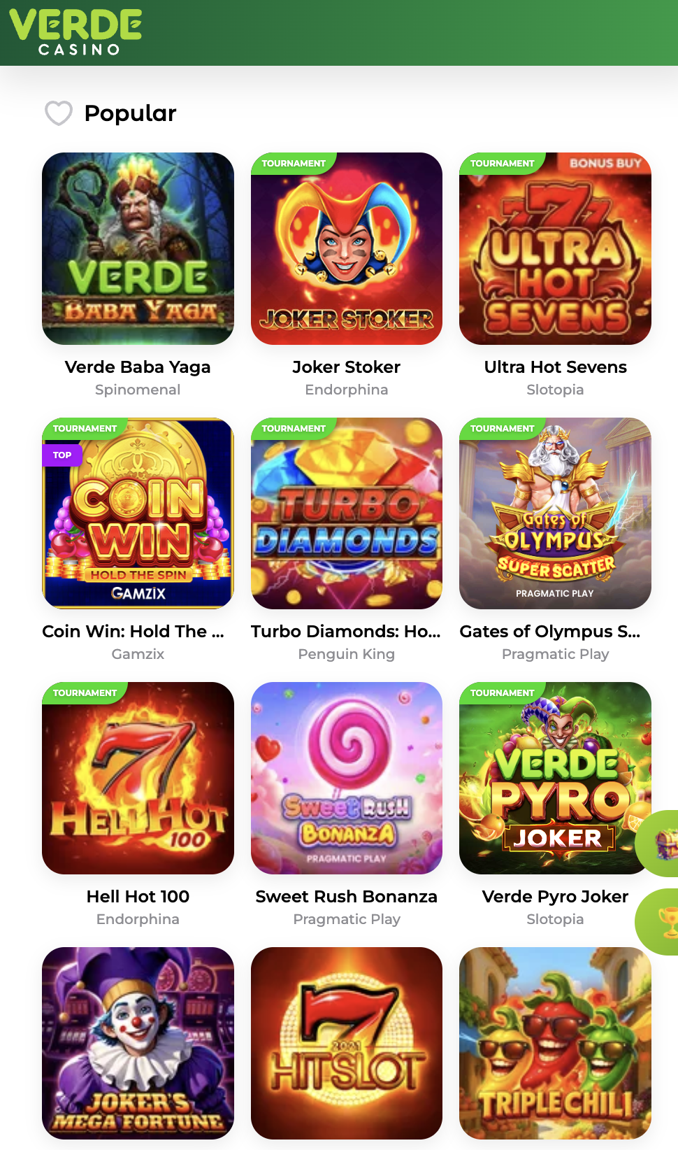 Mobilní verze online kasina Verde